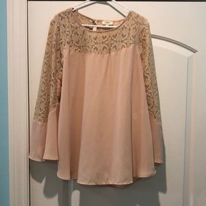 Blush pink, lace, flowy sleeve blouse